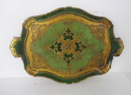 Large Mid Century Italy Hollywood Regency Florentine Serving Tray Green Gold Wood Decoration Ornate