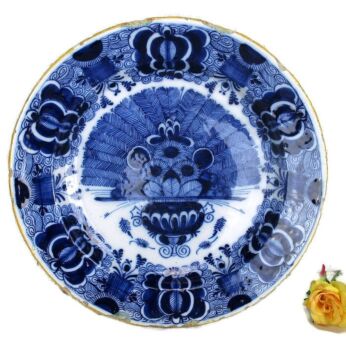 Large 19th Century Hand Painted Delfts Delft Blue Charger Plate Flower Basket