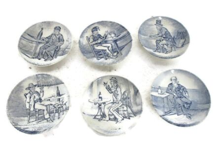 set of 6 Lovely Boch Plates Decorative Blue White small plates French What Men are Drinking Collectors