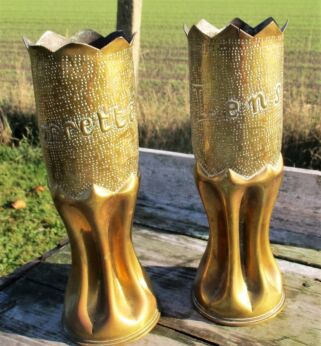 Pair of Shell Casing trench Art Vases Engraved Brass Ornate WWI French Roses