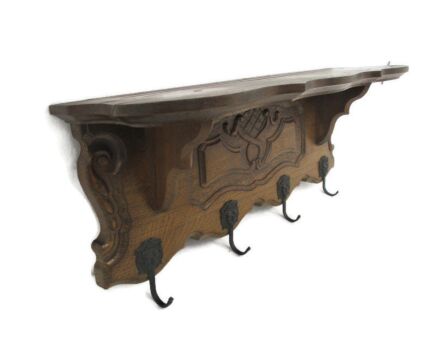 Mid Century Brown wooden Mid Century Modern Coat Hat Rack French Oak Lion Heads
