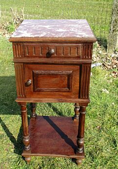 Vintage Carved wood Brown Marble Top End Table Drawer Nightstand Drawer