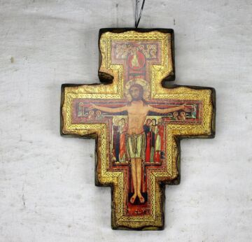 L Florentine Wood San Damiano Style Wall Hanging Crucifix Jesus Christ Gold Gilt