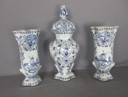 3 pcs Delft Blue Pottery Garniture Set 2 Trumpet Vases Matching Covered Urn