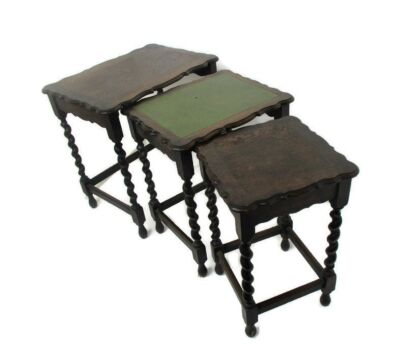 3 Vintage Barley Twist Nesting Side Stacking Tables Hand Carved Wood Mid Century Barn Country Style Farmhouse