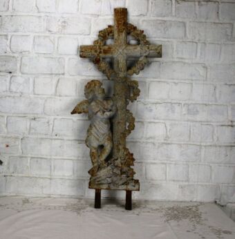Antique Architectural Victorian Cast Iron French Crucifix Angel Authentic