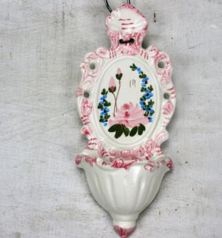 Vintage Holy Water Font Vessel Porcelain Pink Flowers Italy Church Catholic