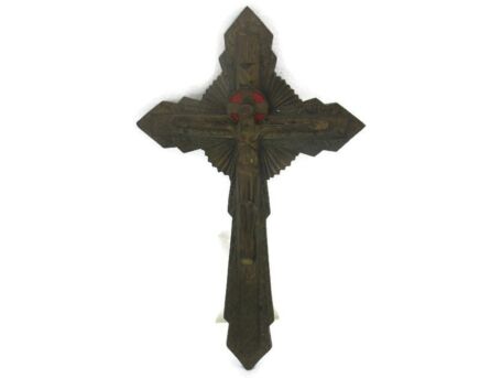 Lovely Vintage Ornate Brass Red Enamel Wall Hanging Crucifix French 11.41"