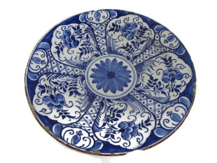 19th Century Delft Wall hanging Charger Plate Blue White Antique Flower Pattern Basket D 12"