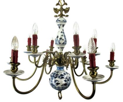 Double Delft Blue White Porcelain Brass Chandelier Dutch 12 Arms Light Romantic