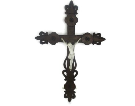 XL Ornate Carved Oak Hanging Church Crucifix Church Porcelain Bisque Corpus