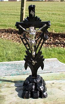 Small Carved Wood Jesus Christ Cross Table Standing Crucifix Tools of Passion
