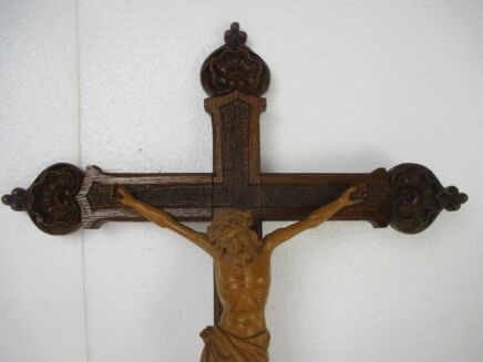 Hand Carved Wood Ornate Hanging Crucifix Cross Jesus Christ Art Piece Wooden Corpus Signed H. Albert Stunning