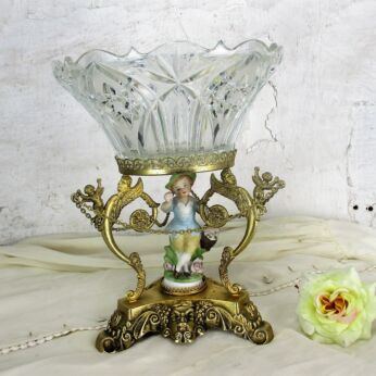 Large Table Centerpiece Crystal Bowl Brass Stand Mythical Mermaids Putti
