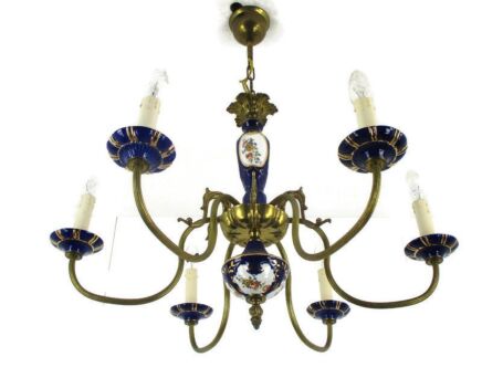 Chandelier 6 Arms Lights Ceramic Porcelain Ceramic Brass Italian Blue Gold Fish