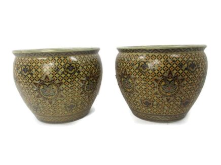 Couple Pair XL Vintage Chinese Porcelain Enamel  Koi Fish Bowl Planter Vase  Cachepot  Gorgeous