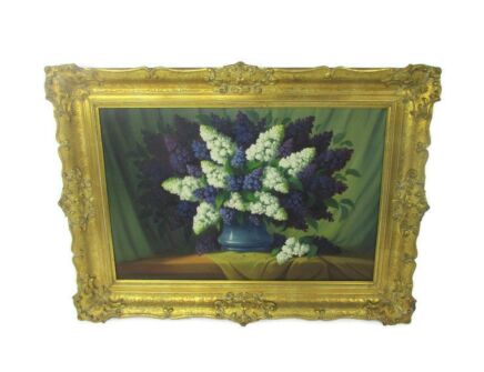 XL Painting Framed Ornate Oil on Canvas Signed Van Laere Lilac Flower Boucquet