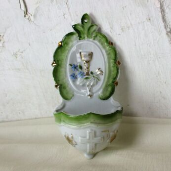 Antique French Holy Water Font Vessel Bisque Porcelain Communion Sweet HTF