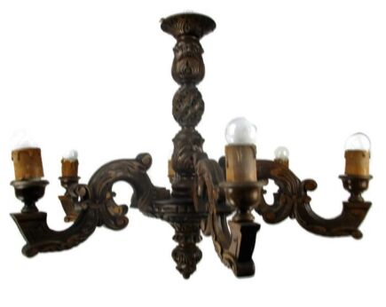 Hand Carved Ornate wood Chandelier 6 lights arms Ceiling Light lamp Mid Century