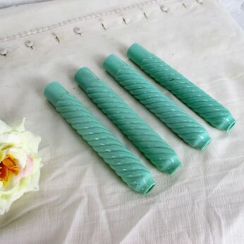 4 Antique Custard Swirled Glass Bobeche Candle Chandelier Sleeves Blue Green