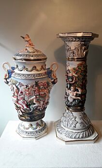 XL Capodimonte Italian Column Pedestal with Vase Putti Nude Girls Impressive WOW