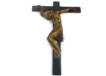XL Wood Hanging Church Crucifix Plaster corpus Signed Van Der Meeren Dramatic