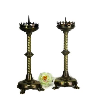 Pair Candle Holders Candlesticks Altar Twisted Stem Brass Claw Feet Neo Gothic