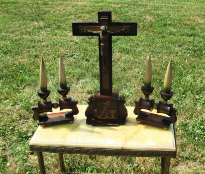 3 piece Ornate Altar Set Art Deco Wood Brass Crucifix Candlesticks Vintage