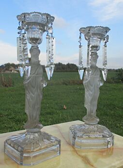 Antique Vallerysthal French Milkglass Couple Candlesticks Candle Holders Prisms