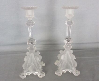 Couple Pair of Glass Candle Holders Prisms Birds Eagles Gorgeous Rare Art Glass Vintage