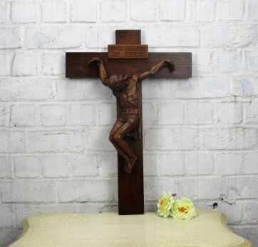 Large Ornate Hand Carved Wood Hanging Crucifix Dramatic Corpus Jesus Nasarenus