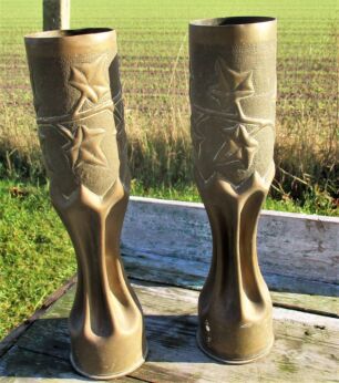 Pair of Shell Casing trench Art Vases Engraved Brass Ornate Ivy WWI French