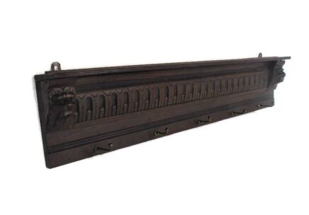 Antique Ornate Hand Carved Wood Oak Coat Kitchen hat Rack Lion Heads Gothic