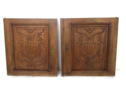 Pair Antique Hand Carved Wood Door Panels Reclaimed Architectural Flower Baskets