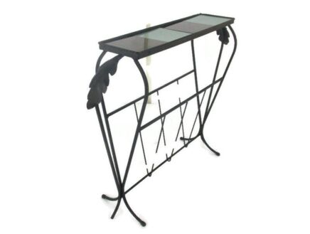 Vintage Mid Century Modern Magazine Newspaper Basket Rack Side Table Ceramic Tiles  Wrought Iron retro Funky