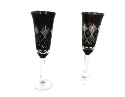 Couple Champagne Wine Glass Goblet Hock cut to Clear Etched Glass Cranberry Bohemian