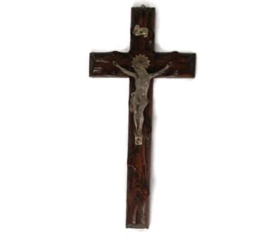 hand Carved Wood Hanging Crucifix Jesus Christ Cross Vintage Corpus Christi Spelter