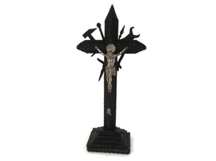 Tramp Trench Tramp Folk art Standing Hand Carved Wooden Crucifix  Antique Faux Brass Corpus