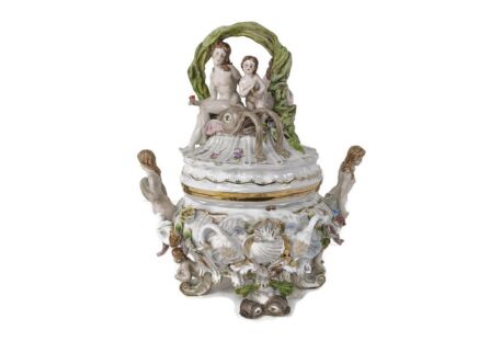 Fabulous Porcelain centerpiece Lidded Dish Figurine Group Females Octopus marked Putti 