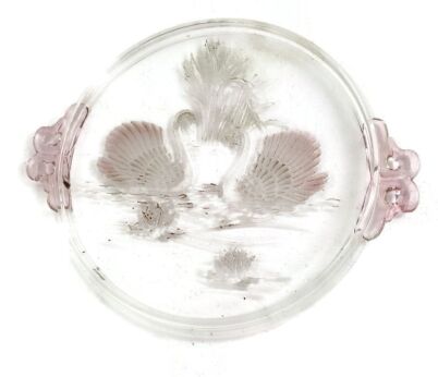 Art Glass Dish Centerpiece Serving tray Art Deco Swans Clear Glass 