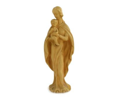 Virgin Mary Madonna Infant Jesus Vintage Plaster Statue Art Deco Ochre Color Cape