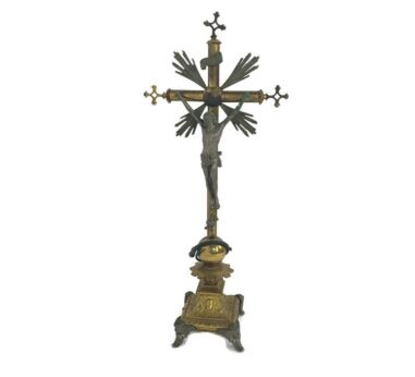 Antique Standing Altar Crucifix Cross Ornate Brass Corpus Christi angels