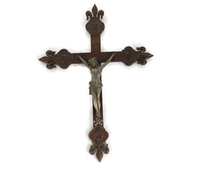 Hand Carved Wood  French Hanging Ornate Crucifix Cross Jesus Christ Fleur de Lis Large