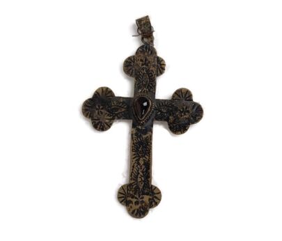 Small Ornate hanging Crucifix for  Neclace Black  stone faux brass Spelter Silver plated vintage 