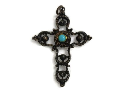 Small Ornate hanging Crucifix for  Neclace Blue stone faux brass Spelter vintage 