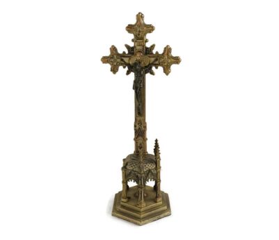 Vintage Ornate Spelter Faux Brass Chalice Standing Crucifix Towers Cross Chalice Very Special  