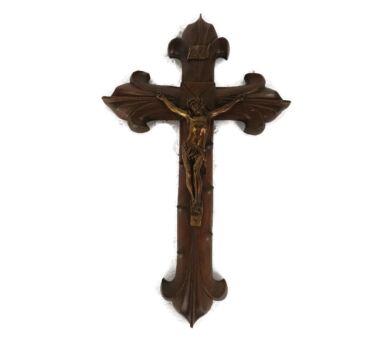 French Hanging Crucifix Cross Carved wood Fleur de Lis Brass Corpus Christi Christianity