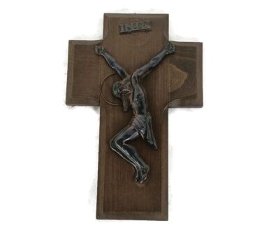 Hanging Crucifix Cross Carved wood  Modernist Faux Brass Corpus Christi Christianity Decorative