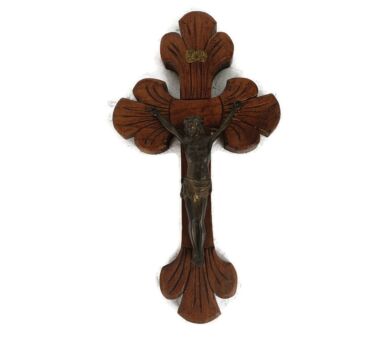 hanging Crucifix Hand Carved Wood Oak Brass Corpus French Fleur de Lis Lys Vintage