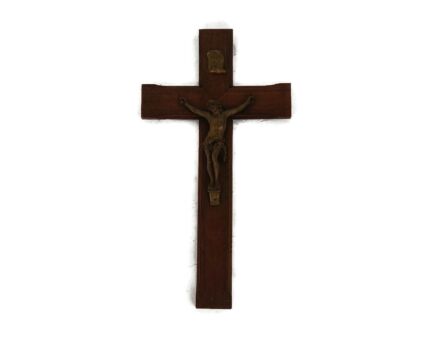 hanging Crucifix Hand Carved Wood Brass Corpus Copper Inlay Beautiful Antique